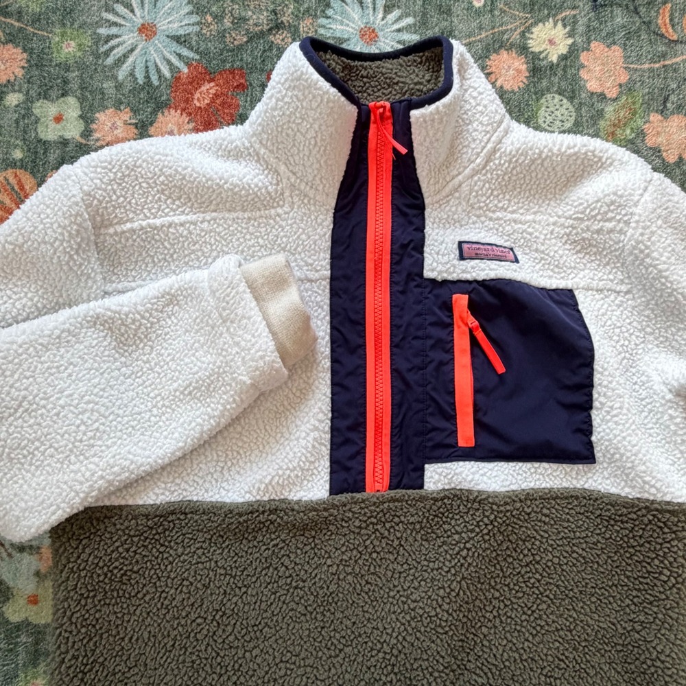 Vineyard Vines Sherpa Fleece Pullover Quarter Zip‎ Colorblock Cream Green Small